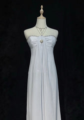 Vintage 90s Prom Dresses A Line Strapless Silver Chiffon Empire Long Prom Gown N3019