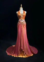 Charming Prom Dresses Mermaid Pink Halter Orange Satin With Ruffled Long Evening Outfits N3430