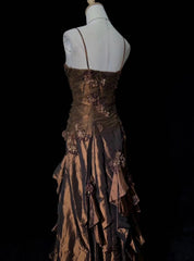 Modest Prom Dresses A line Spaghetti Strap Brown Satin Sleeveless Long Formal Evening Outfits N3639