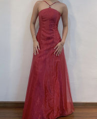 Y2K A line Halter Red Sleeveless Long Formal Dress Gown 21st Birthday Prom Dresses N2401