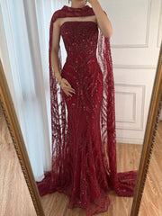 Elegant Mermaid Strapless Burgundy With Sequins Scarf Long Formal Fancy Evening Dress Dinner Outfits Classy Party Gowns AB2060