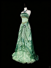 Vintage A Line Strapless Sage Green 70s Organza Long Prom Gown Party Wear Dresses N1835