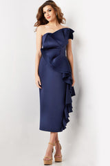 Jovani 38187 Short Mermaid Fit Ruffled Cocktail Midi Dress