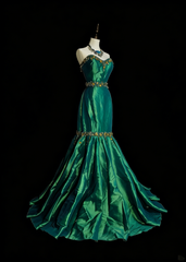 Vintage 1960s Mermaid Sweetheart Dark Green Satin Sleeveless Long Prom Formal Dresses N1596