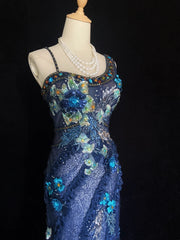 Vintage Prom Dresses Mermaid Straps Light Blue Lace With Flowers Long Evening Outfits N3440