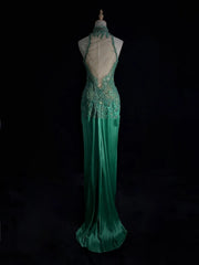 Vintage Prom Dresses 90s Mermaid High Neck Green Satin With Applique Slit Long Semi Formal Evening Outfits N3662