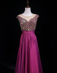Vintage Prom Dresses A line Scoop Fuchsia Chiffon With Beading 80s Long Formal Evening Outfits N3880