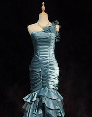 Vintage Mermaid One Shoulder Dusty Blue Satin With Folds Sleeveless Long Formal Dress Gown Birthday Prom Dresses N2442