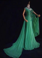 Elegant Mermaid One Shoulder Green Chiffon With Silver Beaded Bodice Formal Dress Long Prom Dresses N2726