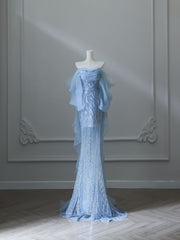 Sexy Mermaid Off The Shoulder Blue Sequin Long Formal Prom Dress Evening Gowns AB1684