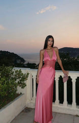 Classy Prom Dresses Inspiration Sheath Halter Pink Silky Satin Long Semi Formal Dance Grad Prom Dress For Teens High Schools AB1953