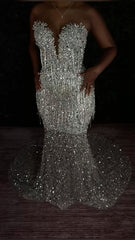 Classy Mermaid Sweetheart Silver Gray Sequins Prom Dresses Party Dress Long Evening Dresses AB2167