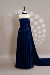 Modest A line Strapless Navy Blue Chiffon Spring Formal Dress Long Prom Dresses N2681