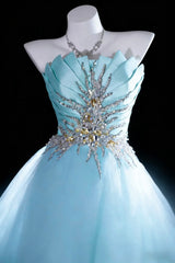 Modest Prom Dresses Ball Gown Strapless Light Sky Blue Tulle With Beading Long Quince Dress N2971