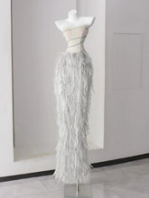 Sparkly Prom Dresses Mermaid Strapless Grey Sequin With Feathers Long Formal Dance Dress N2998