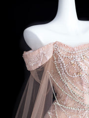 Elegant A Line Off The Shoulder Blush Pink With Short Sleeves Formal Dress Sequin Birthday Prom Dresses N2828