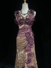 Vintage Prom Dresses Mermaid V Neck Gold Lace With Flowers 80s Long Formal Evening Outfits N3881