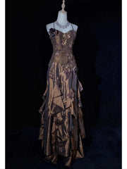 Modest Prom Dresses A line Spaghetti Strap Brown Satin Sleeveless Long Formal Evening Outfits N3639