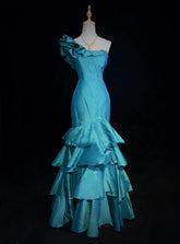 Vintage Prom Dresses 80s Mermaid One Shoulder Blue Satin Sleeveless With Ruffled Semi Formal Evening Outfits N3623