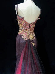 Modest Prom Dresses Mermaid Spaghetti Strap Grape Tulle Sequined With Lace Long Evening Outfits N3448