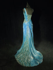 Vintage Prom Dresses Inspo Mermaid Straps Blue Sequined Long 1990s With Flower Formal Gowns N3355