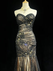 Charming Prom Dresses Mermaid Sweetheart Tulle Black Tie Dress With Beaded Long Formal Evening Outfits N3701