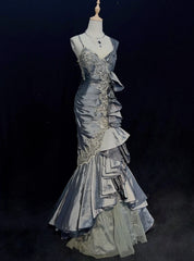 Vintage Prom Dresses Mermaid Straps Grey Satin Lace With Ruffles Long Evening Outfits N3442