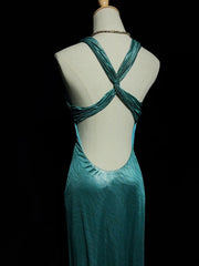 Beautiful Prom Dresses A Line Halter Blue Backless Satin With Ruffled Bodice Long Evening Outfits N3373