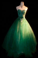 Modest Prom Dresses Ball Gown Strapless Green Tulle With Beads Long Quince Dress N2975