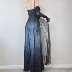 Blue/Grey Delicate Beaded Long Tulle Elegant A line Evening Dress Formal Birthday Party Dress Prom Dresses N1697