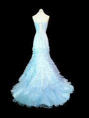 Vintage 1760s Mermaid Sweetheart Light Sky Blue Tulle Sleeveless Pleated Long Prom Dresses N1583