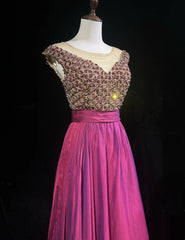 Vintage Prom Dresses A line Scoop Fuchsia Chiffon With Beading 80s Long Formal Evening Outfits N3880