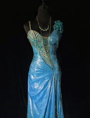 Vintage Prom Dresses Inspo Mermaid Straps Blue Sequined Long 1990s With Flower Formal Gowns N3355