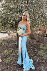 V-neck Blue Pleated Mermaid Long Party Dress with Keyhole Prom Dresses AB1914