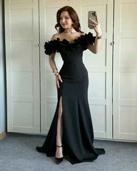 Simple Mermaid Off The Shoulder Black With Split Long Formal Fancy Prom Evening Dress Dinner Outfits Classy Party Gowns For Black Girls AB2090