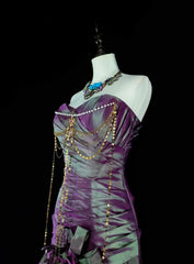 Vintage Mermaid Sweetheart Purple Taffeta 70s With Ruffles Long Prom Gown Party Wear Dresses N1846