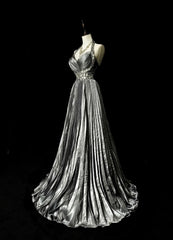 Vintage 1960s Halter Sleeveless Satin Pleated A Line Silver Grey Long Prom Dresses N1575