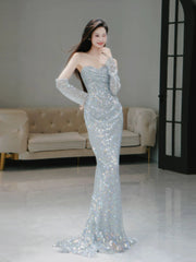 Glitter Mermaid Sweetheart Silver Gray Sequins With Gloves Prom Dresses Inspiration Long Night Outfits 18th Birthday Outfits AB2223