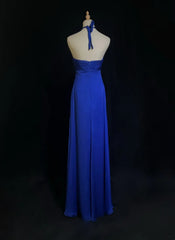 Vintage Prom Dresses A line Halter Royal Blue Chiffon With Beaded 90s Long Formal Gown N2903