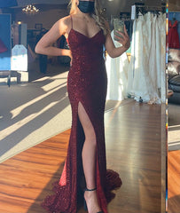 Classy Mermaid Spaghetti Straps Burgundy Sequins Inspo For Women Girls Formal Party Gowns Long Prom Dresses AB1781