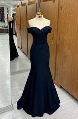 Navy Blue Off-the-shoulder Sweetheart Short Sleeves Long Mermaid Prom Dress Birthday Outfits AB2390