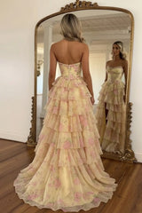 Yellow Strapless Chiffon A-Line Long Prom Dress with Floral N1505
