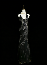 Vintage Mermaid V Neck Black With Beading Summer Formal For Women Girls Teens Prom Dresses N2232