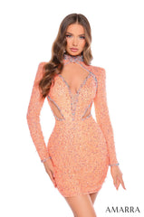 Amarra 88020 Fitted Long Sleeve Beaded Short Cocktail Dress