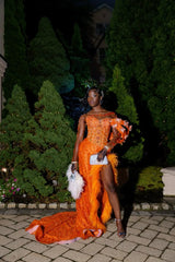 Modest Senior Prom Dresses High Schools Inspo Mermaid Orange Sequins Slit For Black Girls Semi Formal Grad Long Prom Dresses AB2159