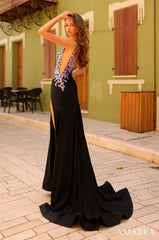 Amarra 88808 Long Glitter Floral Print Slit Prom Dress