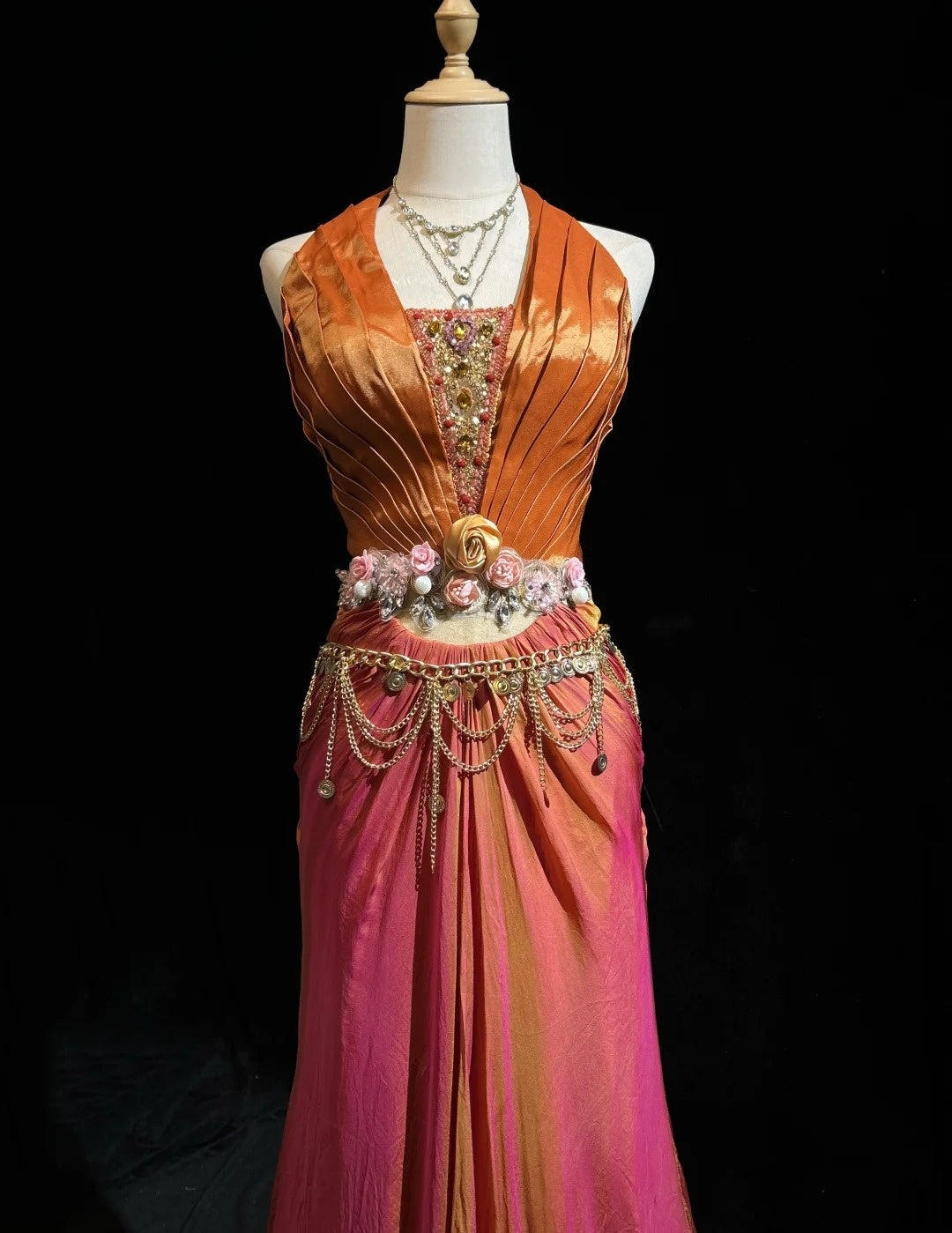 Charming Prom Dresses Mermaid Pink Halter Orange Satin With Ruffled Long Evening Outfits N3430