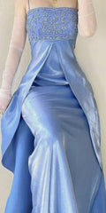 Elegant Sheath Spaghetti Strap Blue Chiffon With Beaded Bodice Formal Dress Long Prom Dresses N2745
