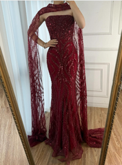 Elegant Mermaid Strapless Burgundy With Sequins Scarf Long Formal Fancy Evening Dress Dinner Outfits Classy Party Gowns AB2060