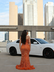 Elegant Mermaid Sweetheart Orange Sequin With Beadings Long Formal Prom Evening Dress Dinner Outfits Party Gowns AB2083